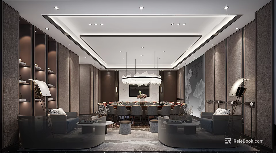 Elegant Private Dining Room With Round Table Chandelier Sofas And Decorative Wall 3d model 