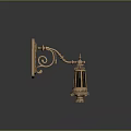 Vintage Brass Wall Lamp With Curved Decorative Arm And Dark Glass Shade