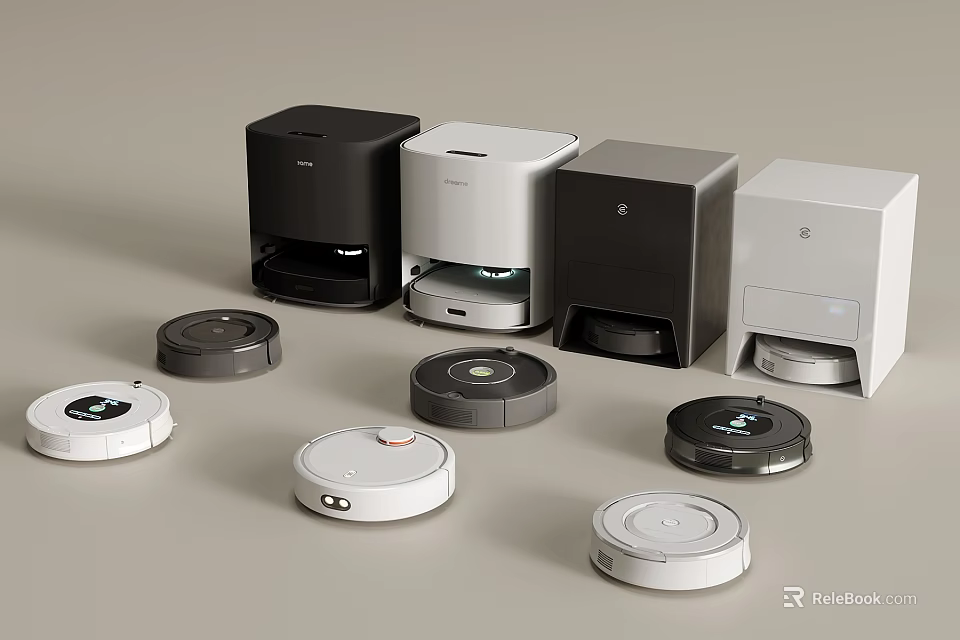 Assorted Robotic Vacuum Cleaners With Charging Docks In Various Colors 3d model 