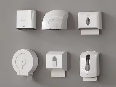Modern White Bathroom Accessories Featuring Wall Mounted Paper Towel Dispenser Hand Dryer And Soap Dispenser 3d model
