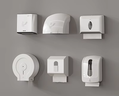 Modern White Bathroom Accessories Featuring Wall Mounted Paper Towel Dispenser Hand Dryer And Soap Dispenser 3d model