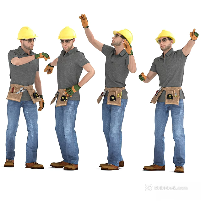 Workers In Yellow Hard Hats Gray Shirts Blue Jeans With Tool Belts In Various Poses 3d model 