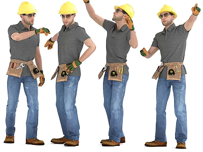 Workers In Yellow Hard Hats Gray Shirts Blue Jeans With Tool Belts In Various Poses 3d model