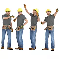 Workers In Yellow Hard Hats Gray Shirts Blue Jeans With Tool Belts In Various Poses