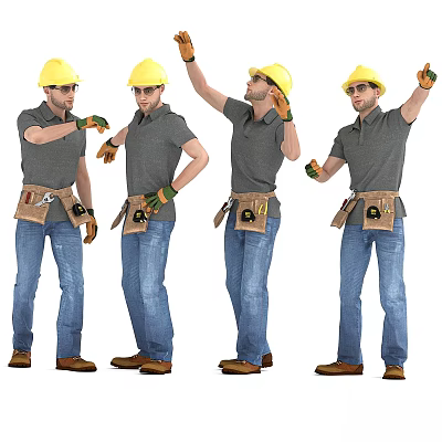 Workers In Yellow Hard Hats Gray Shirts Blue Jeans With Tool Belts In Various Poses 3d model