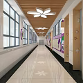 Bright Elevator Hallway With Wooden Ceiling Purple Flower Lights Large Windows And Colorful Decorations