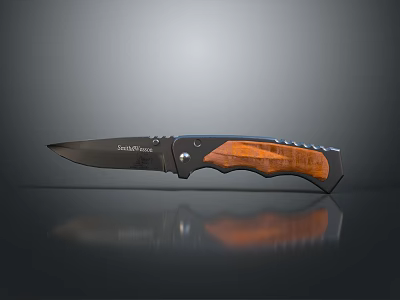 Schrade Folding Knife With Black Blade And Wooden Textured Handle 3d model