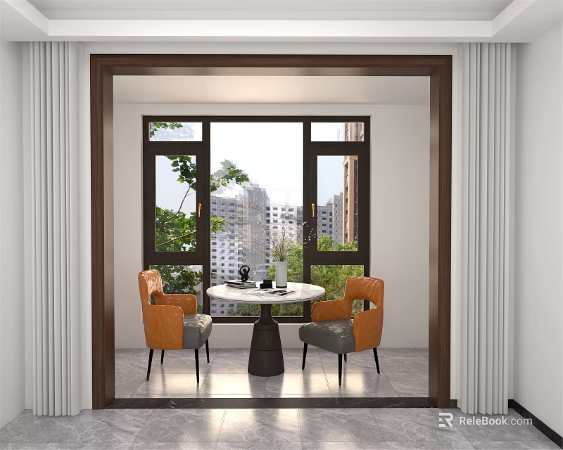 Round Table With Orange Chairs In Bright Room With Large Window And City View 3d model 