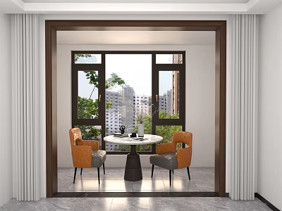 Round Table With Orange Chairs In Bright Room With Large Window And City View 3d model