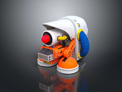 Mechanical Weapon with Red Lens Orange Components White Body and Blue Parts on Round Base 3d model