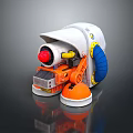 Mechanical Weapon with Red Lens Orange Components White Body and Blue Parts on Round Base