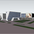 Modern Office Building With Glass Curtain Wall Geometric Design And Landscaping