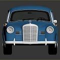 Classic Blue Mercedes Benz Car Model on Glossy Black Surface With Reflection