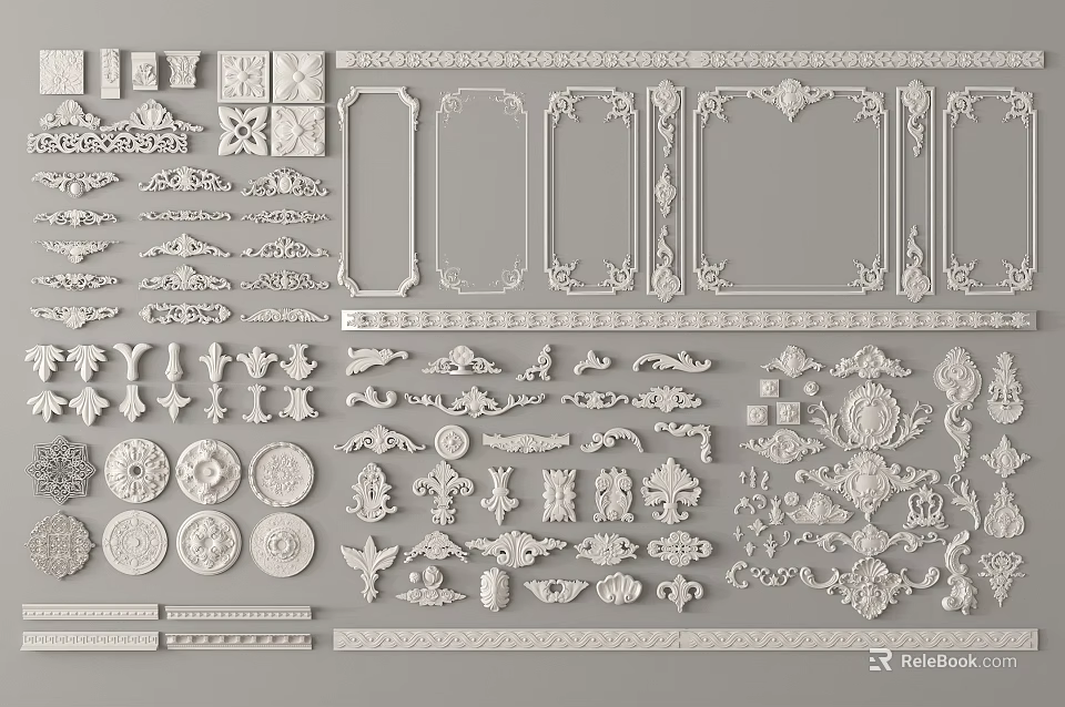 Elegant Carved Ornamental Designs With Intricate Patterns And Decorative Frames 3d model 