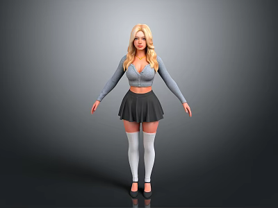 Blonde Woman Wearing Gray Long Sleeve Top Black Skirt White Thigh High Socks Black Heels 3d model