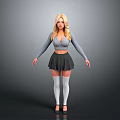 Blonde Woman Wearing Gray Long Sleeve Top Black Skirt White Thigh High Socks Black Heels