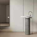 Sleek Terrazzo Pedestal Washbasin In Modern Bathroom With Mirror And Faucet