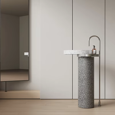 Sleek Terrazzo Pedestal Washbasin In Modern Bathroom With Mirror And Faucet 3d model