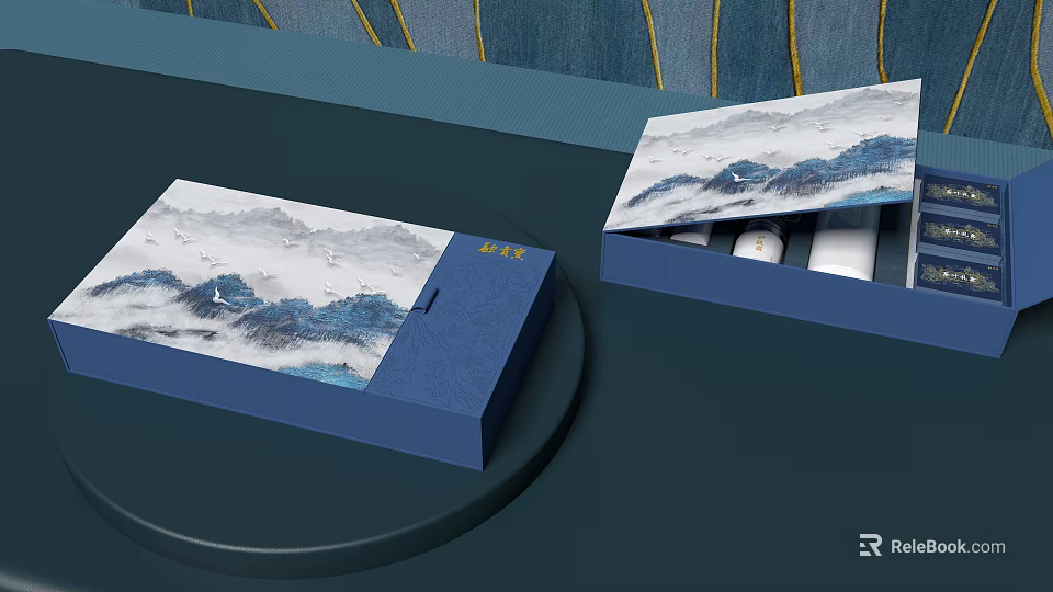 Chinese Style Decorative Ornament Set With Landscape Pattern And Blue White Design For Home Decoration 3d model 