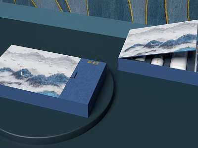 Chinese Style Decorative Ornament Set With Landscape Pattern And Blue White Design For Home Decoration 3d model