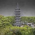 Ancient Chinese Pagoda With Multiple Storeys Surrounded By Green Trees And Courtyard