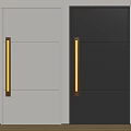 Modern Sleek Security Door With White Black Panels And Wooden Long Handles
