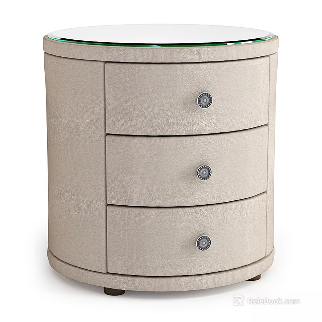 Modern Rounded Storage Cabinet With Three Drawers And Light Colored Fabric Design And Decorative Knobs 3d model 