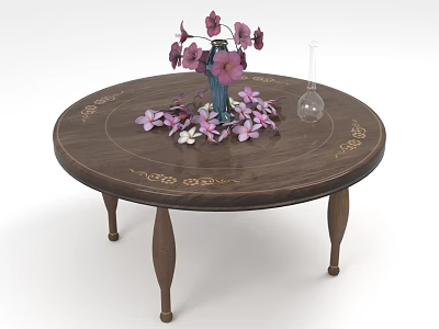 Round Wooden Dining Table Set with Gold Patterns Blue Vase Pink Flowers and Scattered Petals 3d model
