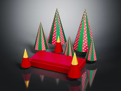 Festive Christmas Decoration Set With Green Red Polka Dot Trees Red Cones And Rectangular Platform 3d model