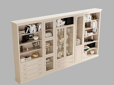 Modern White Bookcase Interior With Shelves Drawers Books Glassware And Decorative Items 3d model