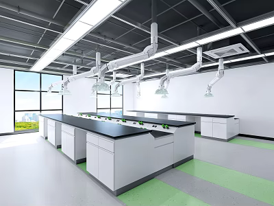 Modern Laboratory With Lab Countertops Cabinets Ventilation Ducts Green Gray Flooring And Windows 3d model