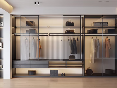 Modern Wardrobe With Glass Doors Hanging Clothing Storage Drawers And Interior Lighting 3d model
