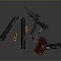 Black Pistol With Red Grip Disassembled Parts Including Magazine And Barrel Detailed Close Up View