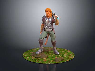 Game Character With Orange Hair In Armored Outfit Holding Weapon On Grass Rock Base Standing 3d model