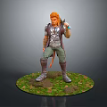 Game Character With Orange Hair In Armored Outfit Holding Weapon On Grass Rock Base Standing