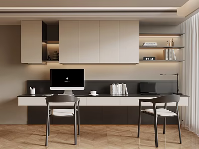 Modern Home Office Desk Interior With Two Chairs Computer Books Cabinets And Shelves 3d model