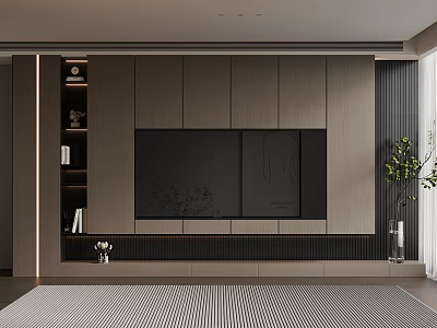 Modern Living Room Interior Featuring Wooden TV Wall With Shelves And Plant 3d model