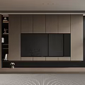 Modern Living Room Interior Featuring Wooden TV Wall With Shelves And Plant