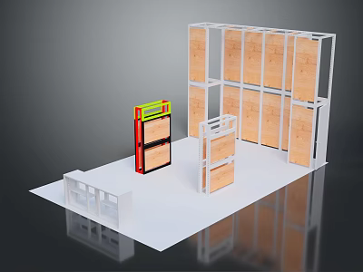 Exhibition Stand Display Structure With Wooden Frames Colorful Components And Platform 3d model