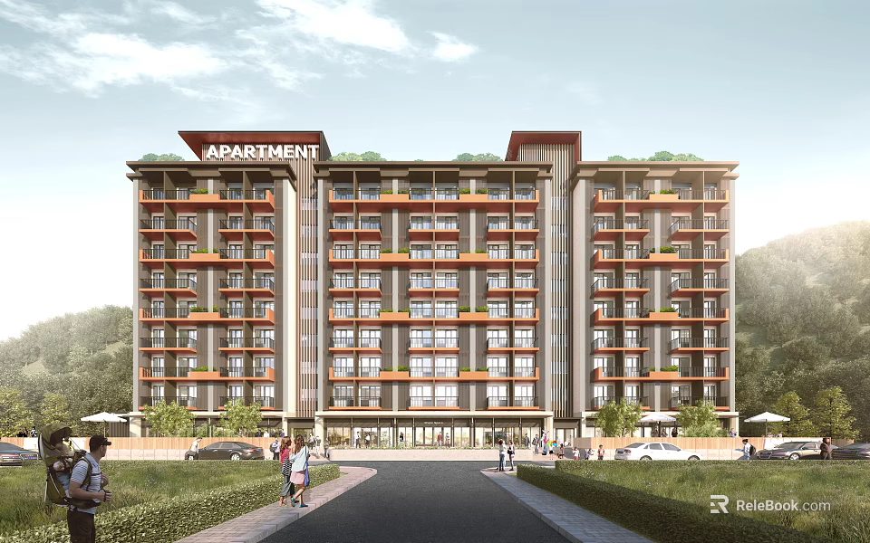 Modern Multi Story Apartment Building With Balconies Greenery People Walking And Parked Cars 3d model 