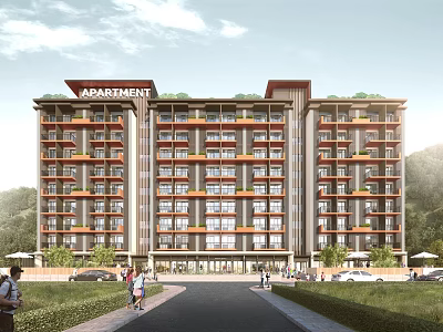 Modern Multi Story Apartment Building With Balconies Greenery People Walking And Parked Cars 3d model