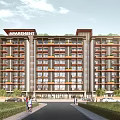 Modern Multi Story Apartment Building With Balconies Greenery People Walking And Parked Cars