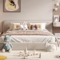 Cozy Double Bed in Children's Room with Stuffed Bear Pillows and Wooden Toys