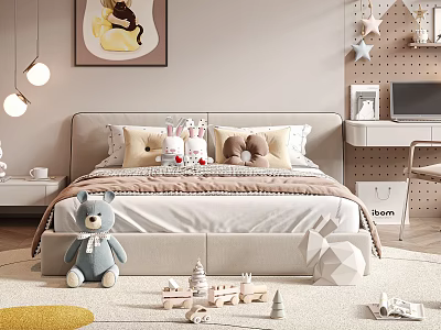 Cozy Double Bed in Children's Room with Stuffed Bear Pillows and Wooden Toys 3d model
