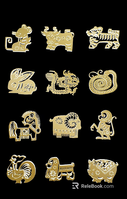 Intricate Golden Animal Shaped Carved Patterns Artistic Decor Set for Home Decoration 3d model 