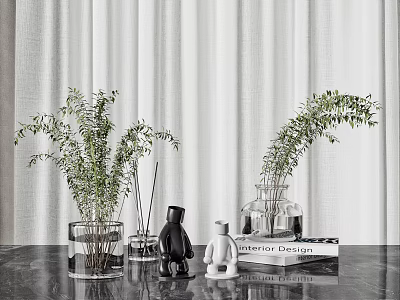 Modern Decorative Ornament Set with Green Plants Vases Small Sculptures and Design Book 3d model