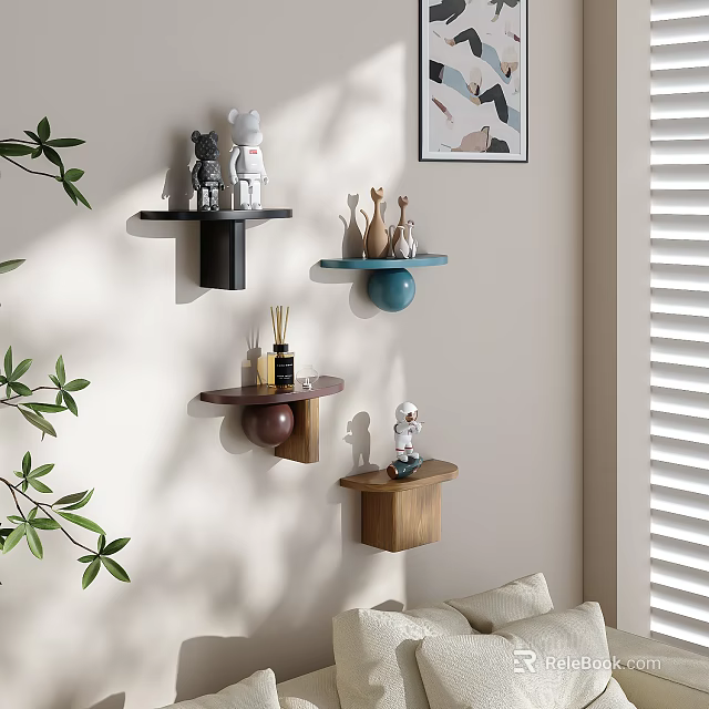 Living Room Wall Cabinets With Wooden Design And Decorative Ornaments On Shelves 3d model 