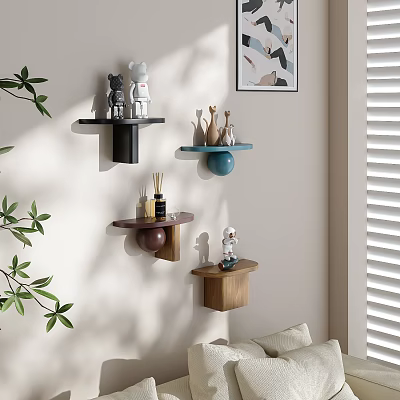 Living Room Wall Cabinets With Wooden Design And Decorative Ornaments On Shelves 3d model