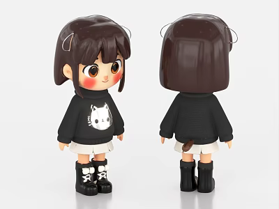 Short haired woman wearing black cat design sweater white skirt and black white pattern boots 3d model