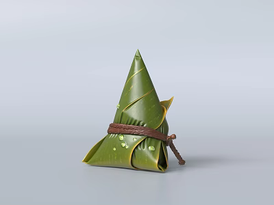 Traditional Chinese Zongzi Wrapped In Green Bamboo Leaves With Triangular Shape And Decorative String 3d model